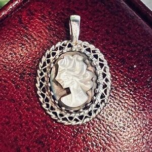 Vintage Hand Carved Cameo Pendant Genuine Mother of Pearl 925 Sterling Silver